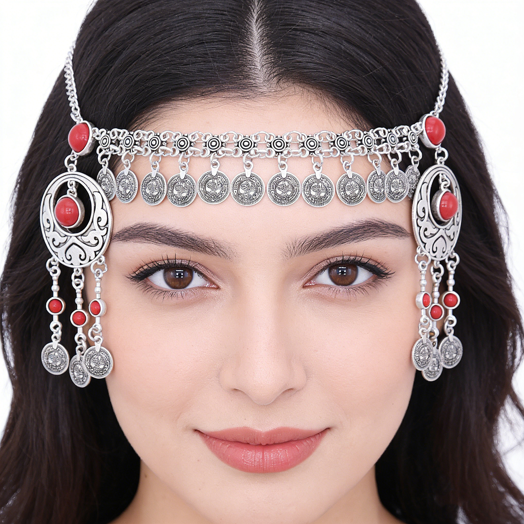 Women Accessories Nepal - Vintage Silver Color Turquoise Coins Tassel